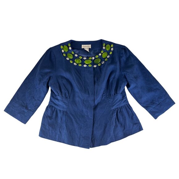 Chadwick's Bejeweled Blazer Jacket Women 10P Petite Blue Linen Rayon 3/4 Sleeve - Picture 1 of 4